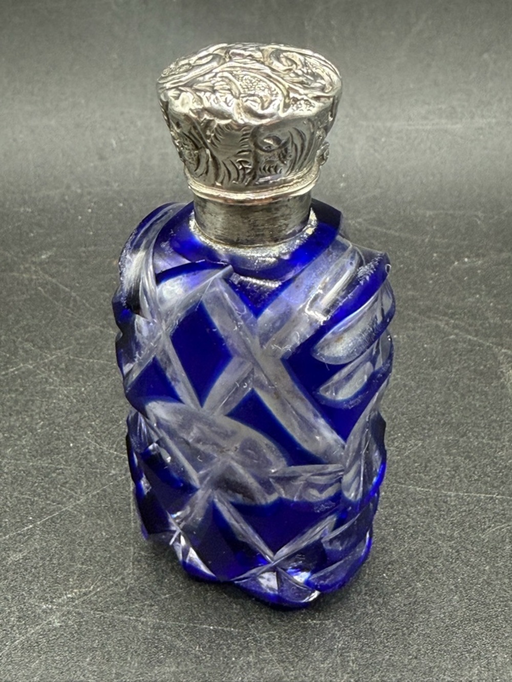 Victorian Antique Bohemian Cobalt Blue Cut to Clear Glass Perfume Scent Bottle